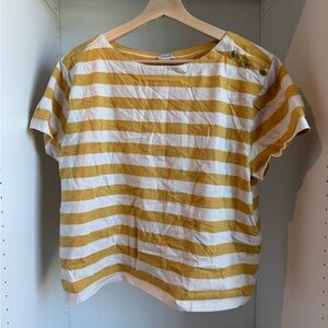 J. Crew Mustard and White Striped Button-Shoulder Tee